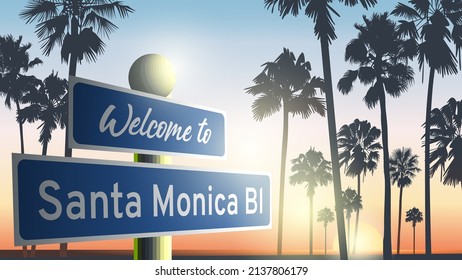 Summer sunset beach. Palm tree silhouette. Santa Monica Bl, Hollywood, Los Angeles, California. Design of social media, banner, poster, newsletter, advertisement, leaflet, placard, brochure, wallpaper