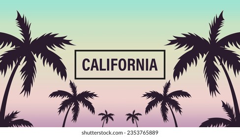 Summer sunset beach. Palm tree silhouette. Los Angeles, California, Hollywood. Design of social media, banner, poster, newsletter, advertisement, leaflet, placard, wallpaper. Vector illustration