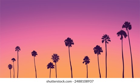 Summer sunset beach. Palm tree silhouette. Los Angeles, California, Hollywood. Design of social media, banner, poster, newsletter, advertisement, leaflet, placard, brochure, wallpaper, t-shirt, flyer.