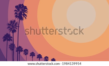 Summer sunset beach. Palm tree silhouette. Los Angeles, California, Hollywood. Design of social media, banner, poster, newsletter, advertisement, leaflet, placard, brochure, wallpaper, t-shirt, flyer.
