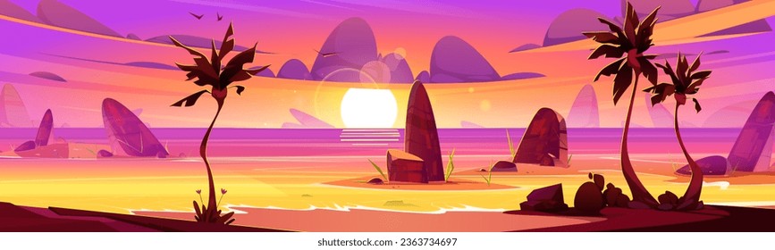 Summer sunset beach with palm vector background. Tropic island paradise landscape on sunrise illustration. Beautiful purple and yellow gradient miami sky cartoon scene. Holiday on bali coast