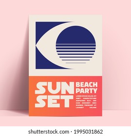 Summer sunset beach party minimalist design template with eye with sunset silhouette and typographic composition. Vector illustration