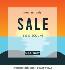 Summer sunset beach sea ocean elements with 15% Sale banner template design. Big sale special offer. Summer Sunset Special offer banner for poster, flyer, brochure, sticker. Vector illustration.