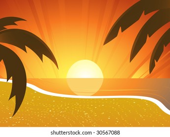 summer sunset beach with tranquil sea and palm trees