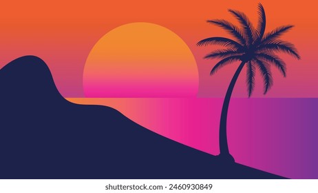 summer Sunset beach vector background, Sunset scene landscape background, tropical beach landscape illustration, Sunset beach with palm trees vector background, gradient beach scenery background