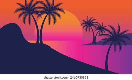 summer Sunset beach vector background, Sunset scene landscape background, tropical beach landscape illustration, Sunset beach with palm trees vector background, gradient beach scenery background