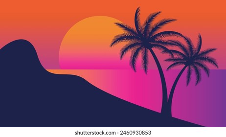 summer Sunset beach vector background, Sunset scene landscape background, tropical beach landscape illustration, Sunset beach with palm trees vector background, gradient beach scenery background