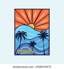 Summer Sunset beach, summer beach vector print design artwork,. Vintage Retro Style Beach Surfer Summer Paradise. vector Palm tree, sunset, sunrise vector graphic print design.