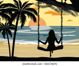 Summer Sunset Beach Vector with silhouette woman 