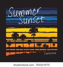 Summer sunset California typography, tee shirt graphics, vectors