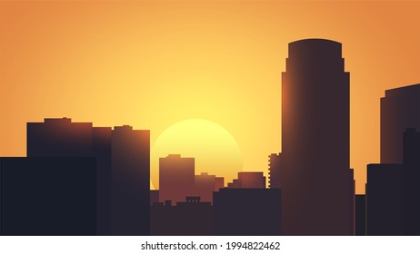 Summer sunset City skyline. Silhouette. Los Angeles, California, Hollywood. Perfect for social media, banner, poster, newsletter, advertisement, leaflet, placards, brochure, wallpaper, t-shirt, flyer.