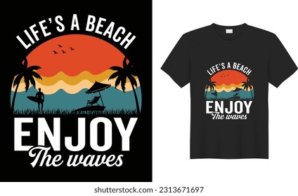 Summer sunset colorful Retro Vintage Funny typography vector T-shirt Design.  Enjoy Amazing Adventure, Outdoor, Beach, Vibes, palm trees, birds, California and Florida, stamp, Surfing,  time, style, H