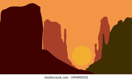 Desierto del atardecer de verano. Silhouette, un valle de montaña. Arizona, gran cañón, Estados Unidos. Perfecto para medios sociales, banner, afiche, boletín informativo, anuncio, folleto, pancarta, folleto, papel pintado, camiseta, volante.