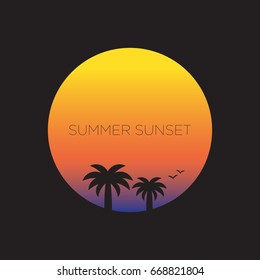 Summer sunset design. Palm tree vector. Music summer party festival template.