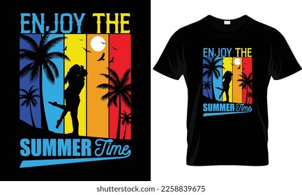 Summer sunset distressed vector t-shirt design with palm trees silhouette and phrase "Summer vibes". Can be used for dark and light shirts.