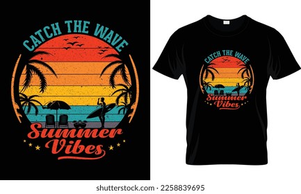 Summer sunset distressed vector t-shirt design with palm trees silhouette and phrase "Summer vibes". Can be used for dark and light shirts.