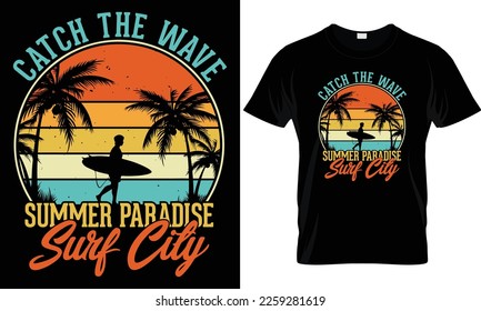 Summer sunset distressed vector t-shirt design with palm trees silhouette and phrase "Summer vibes". Can be used for dark and light shirts.