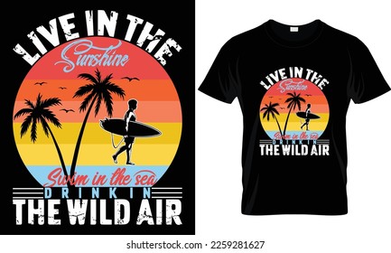 Summer sunset distressed vector t-shirt design with palm trees silhouette and phrase "Summer vibes". Can be used for dark and light shirts.