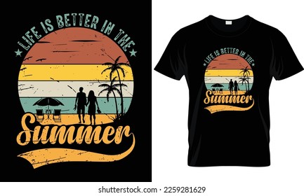Diseño de camisetas vectoriales de verano con silueta de palmeras y frase "vibraciones de verano". Se puede usar para camisas oscuras y ligeras.
