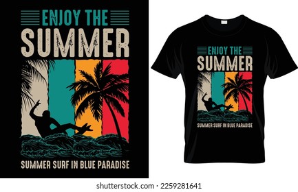 Summer sunset distressed vector t-shirt design with palm trees silhouette and phrase 