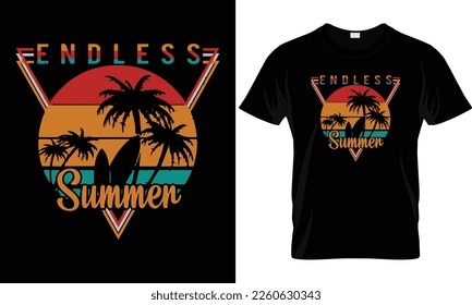 Diseño de camisetas vectoriales de verano con silueta de palmeras y frase "vibraciones de verano". Se puede usar para camisas oscuras y ligeras.