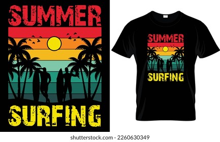 Summer sunset distressed vector t-shirt design with palm trees silhouette and phrase "Summer vibes". Can be used for dark and light shirts.