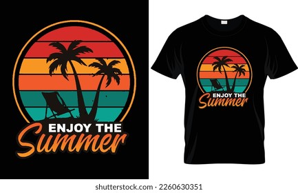 Summer sunset distressed vector t-shirt design with palm trees silhouette and phrase 