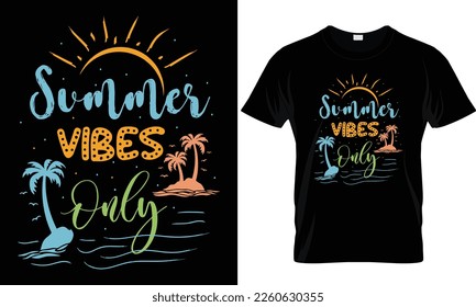 Summer sunset distressed vector t-shirt design with palm trees silhouette and phrase "Summer vibes". Can be used for dark and light shirts.