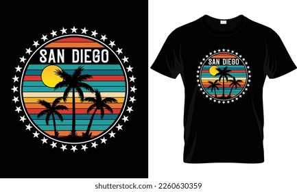 Summer sunset distressed vector t-shirt design with palm trees silhouette and phrase "Summer vibes". Can be used for dark and light shirts.