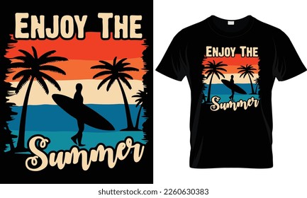 Summer sunset distressed vector t-shirt design with palm trees silhouette and phrase 