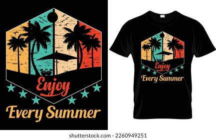Diseño de camisetas vectoriales de verano con silueta de palmeras y frase "vibraciones de verano". Se puede usar para camisas oscuras y ligeras.