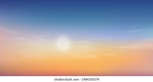 Summer Sunset Dusk Sky in Evening with Pink,Orange,Yellow and Blue colour,Dramatic twilight landscape of Skyline with cloud,Vector natural horizon banner of Sunrise for Spring or Summer background