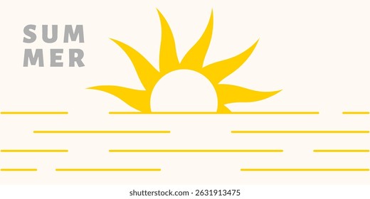 Sol amarillo del Diseño gráfico de la puesta del sol del verano, escena minimalista de la playa