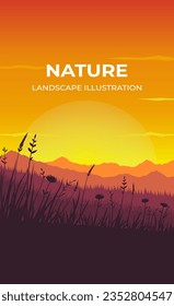 Summer sunset grass silhouette landscape vertical illustration. Landscape illustration of mountain view with grass in foreground. Landscape illustration for poster, banner
