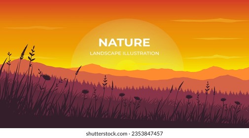Summer sunset grass silhouette landscape panoramic illustration. Landscape illustration of mountain view with grass in foreground. Landscape illustration for poster, banner