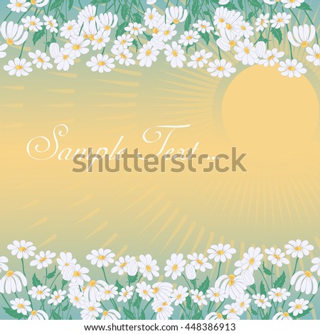 Summer Sunset Greeting Card with Chamomiles Frames, Space for Text and Sun Beams. Vector EPS10