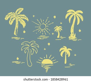 Summer Sunset With Hand Drawn Palm Trees