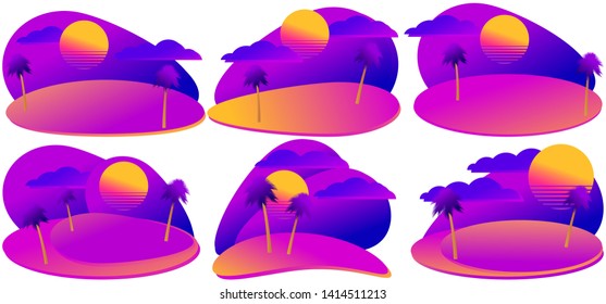 Summer sunset landscape with fluid gradient violet color. Set of banners with exotic scenery in the 80s style. Vector illustration