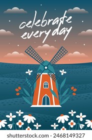Summer sunset landscape with windmill, fields, flowers, sky, clouds, stars, berries. Minimal vector illustration in flat style. Celebrate every day. Inspiring poster, card, banner with romantic art.