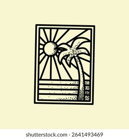 Summer sunset logo icon. Palm tree line icon. Tropical summer seaside vacation travel sign. Vector illustration. Summer vibes artwork typography. 