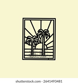 Summer sunset logo icon. Palm tree line icon. Tropical summer seaside vacation travel sign. Vector illustration. Summer vibes artwork typography. 