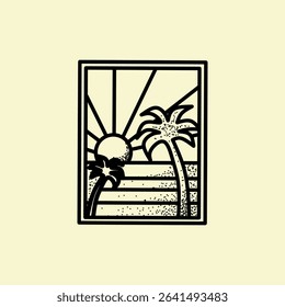 Summer sunset logo icon. Palm tree line icon. Tropical summer seaside vacation travel sign. Vector illustration. Summer vibes artwork typography. 