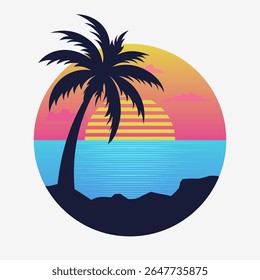 Summer sunset. Logo in retro style. Vector illustration