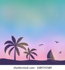 Summer sunset - multicoloured background with palms. Vector.