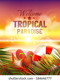 Summer sunset on the beach - vector poster 