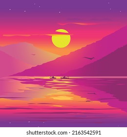 Summer Sunset on a lake. Purple background colors