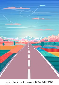 Summer sunset painting poster on the theme of Road trip, mountains, blue sky land, airplane, sea beach, rural landscape, Travel, Voyage, Camping, outdoor recreation, adventures in nature, vacation