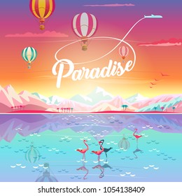 Summer sunset painting poster, Paradise, tropical sea beach flamingo landscape, mountains, sky, airplane, hot air balloons, Travel, Voyage, Camping, outdoor recreation, adventures in nature, vacation