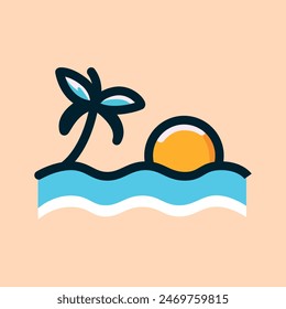 Summer sunset palm tree and beach wave icon illustration isolated background