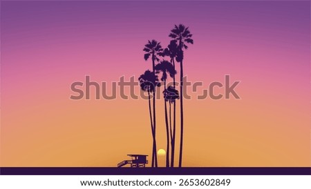 Summer sunset with Palm Tree and Lifeguard Tower Silhouette. Los Angeles, California, Hollywood. Perfect for social media, banner, poster, newsletter, ads, leaflet, placards, brochure, wallpaper, tees